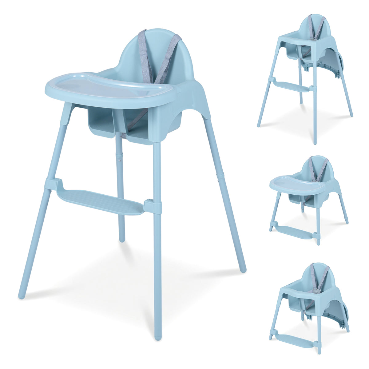 Blue convertible high chair shown in four different configurations