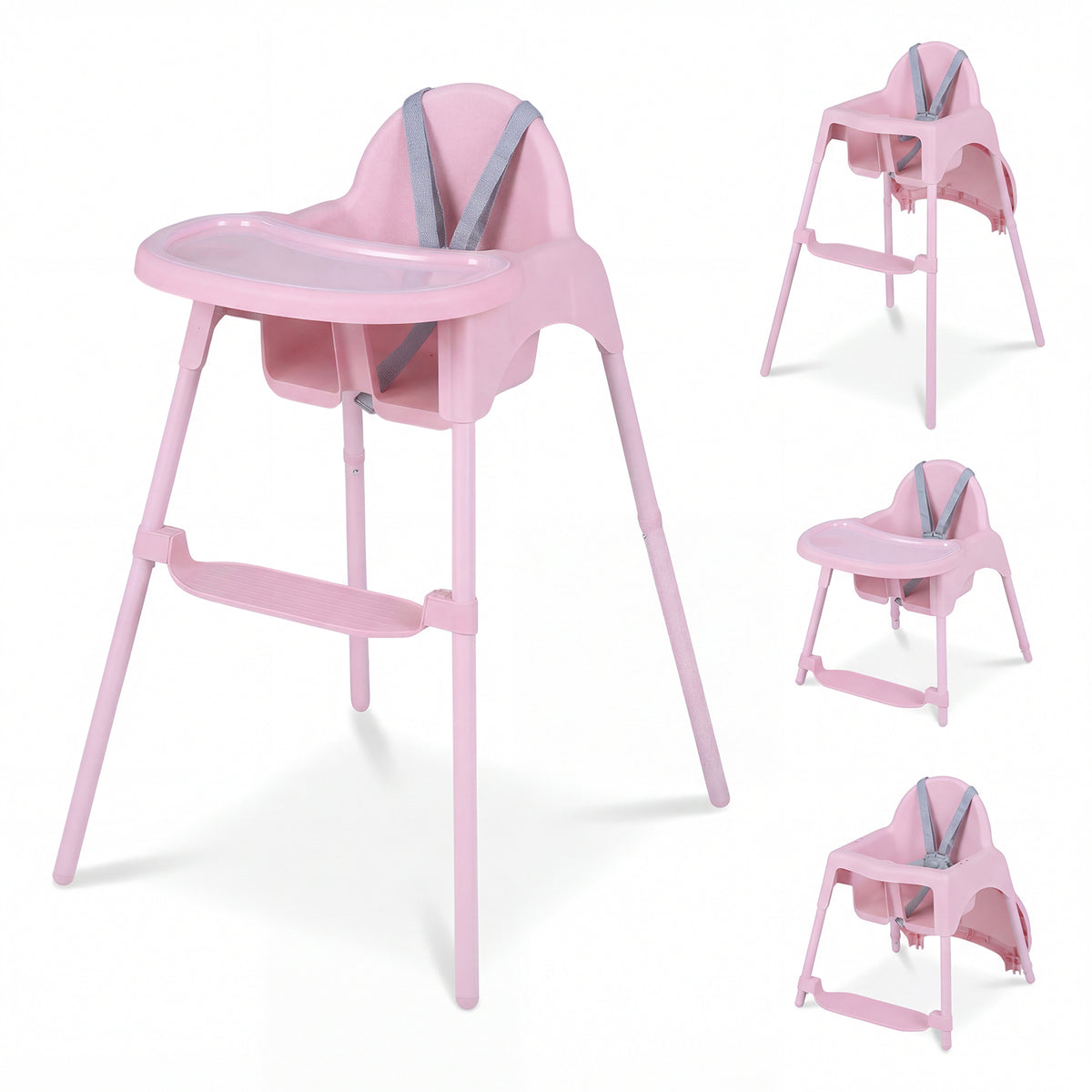 Pink convertible baby high chair shown from different angles and with the tray attached and detached