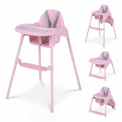 Pink convertible baby high chair shown from different angles and with the tray attached and detached