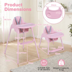 Product dimensions diagram for the pink convertible high chair, showing measurements and weight capacity