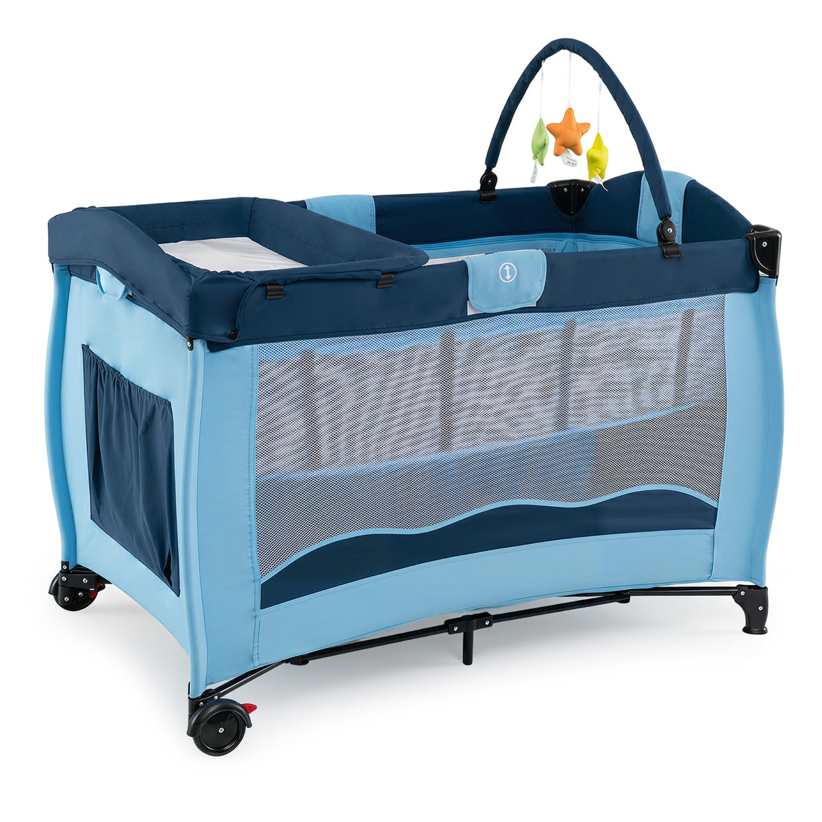 The baby playpen featuring a blue fabric design with mesh sides and a toy arch overhead