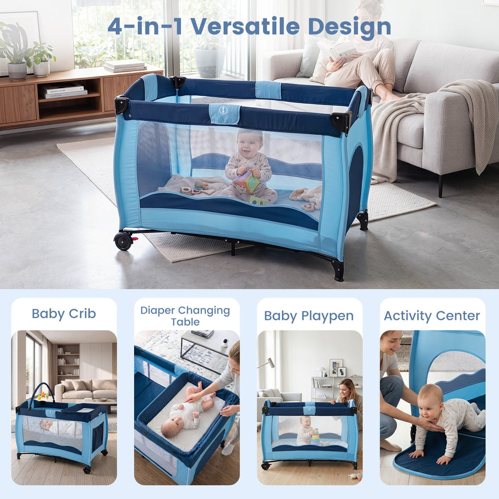The baby playpen shown in four different configurations including as a crib and play area
