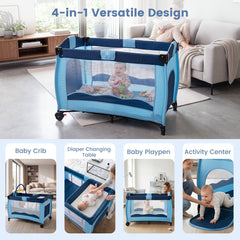 The baby playpen shown in four different configurations including as a crib and play area