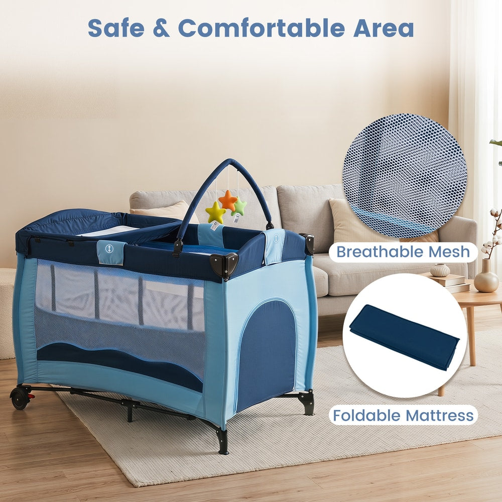 The baby playpen in a living room with close up circles showing the mesh and the mattress