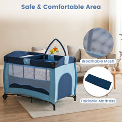 The baby playpen in a living room with close up circles showing the mesh and the mattress