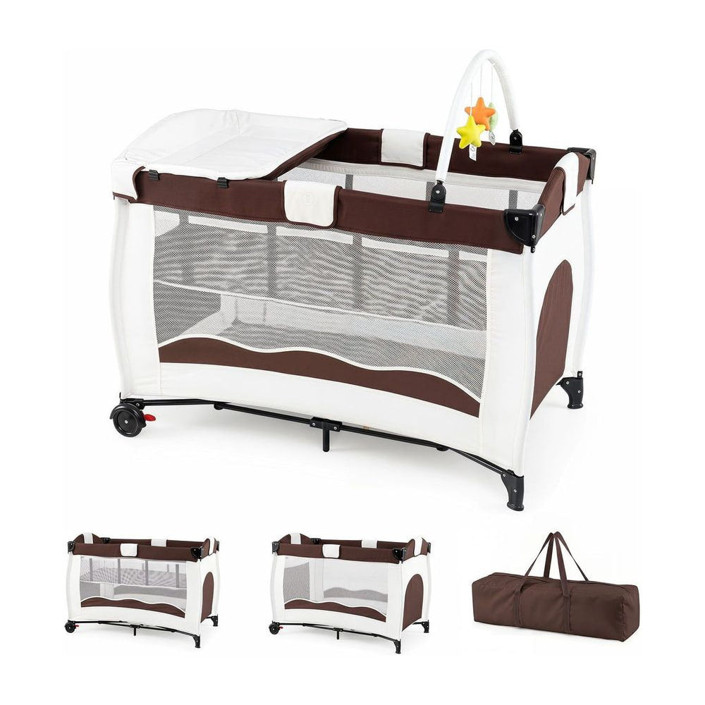 4 in 1 Pack and Play Foldable and Portable Baby Playard with Diaper Changing Table and 3 Hanging Toys-Brown