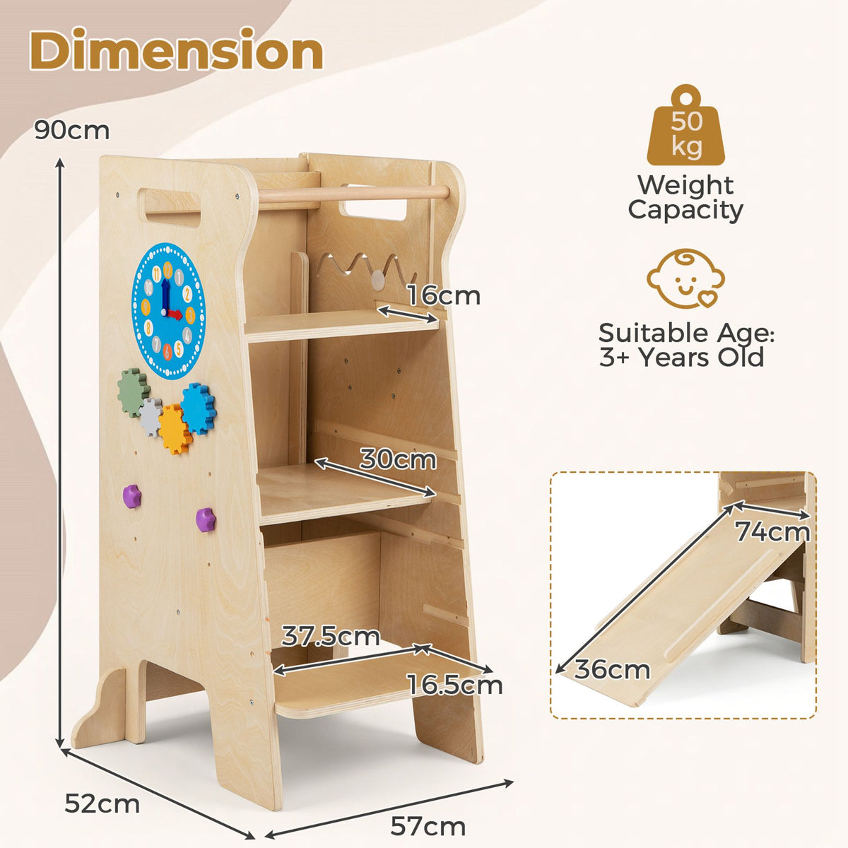 4-in-1 Toddler Tower with Chalkboard Slide and Montessori Games, image 4