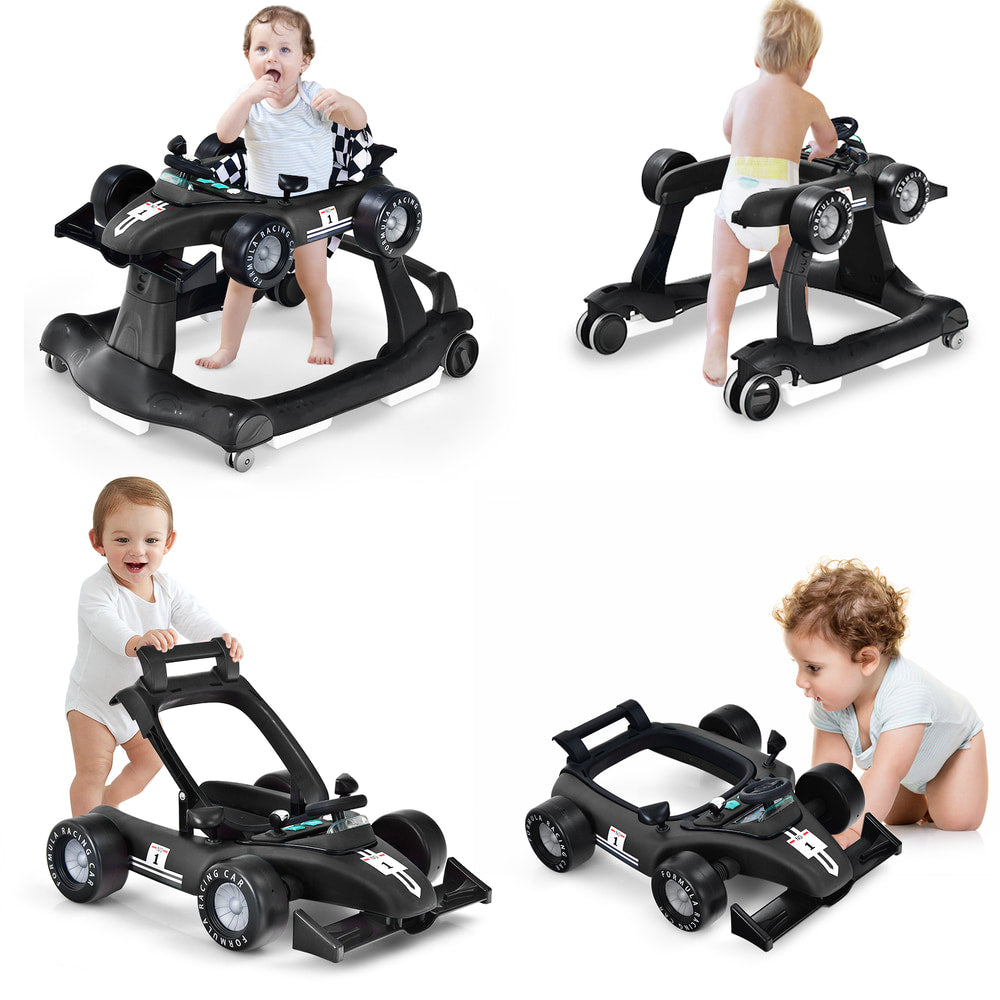4-in-1 Baby Push Walker with Adjustable Height and Speed in black, shown with a baby sitting inside