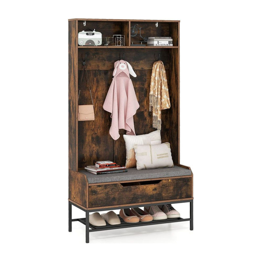 4-in-1 Coat Rack with Seat Cushion and Open Compartments in rustic brown wood effect with black metal frame