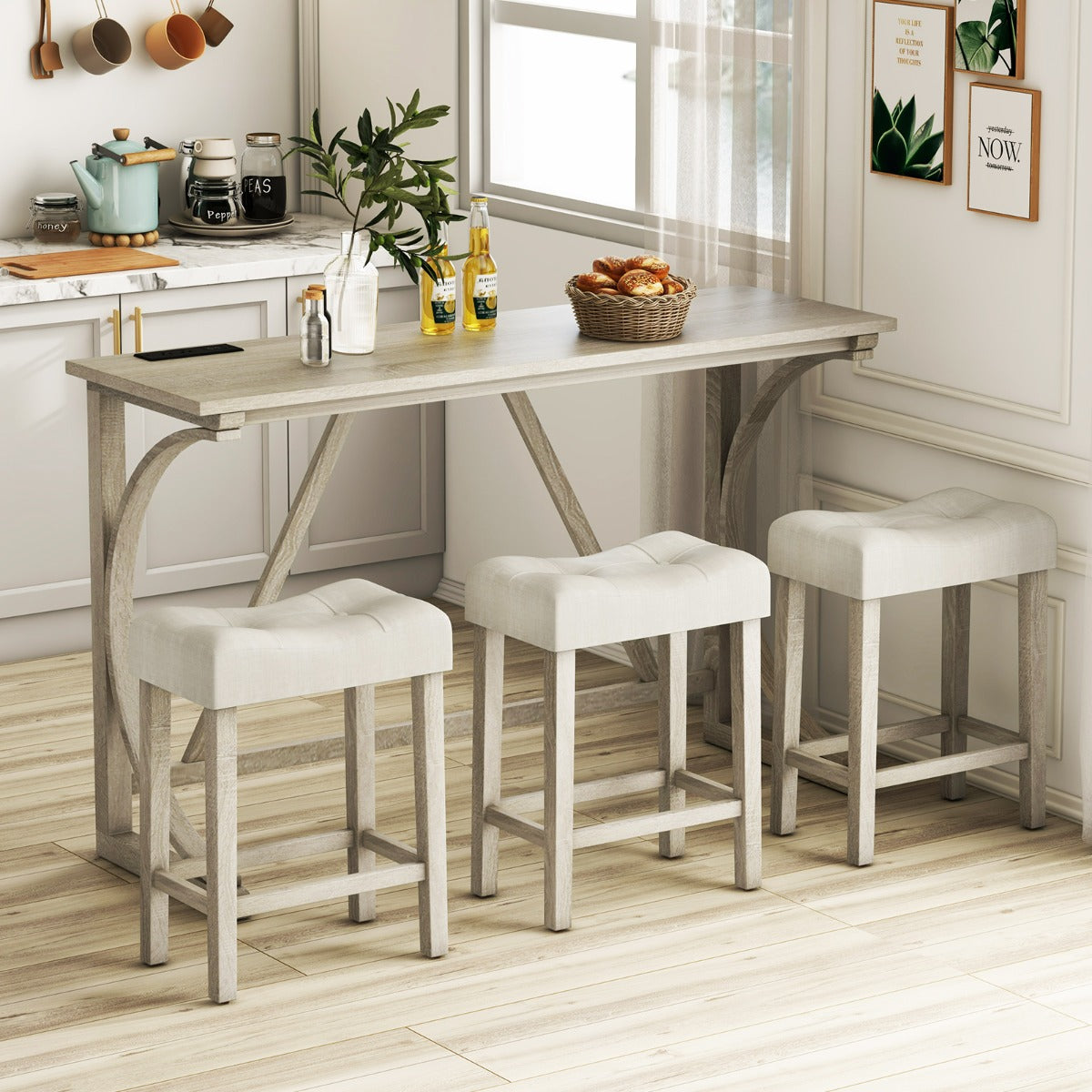 4-Piece Height Bistro Table and Saddle Seat Stools with Power Outlet-Grey