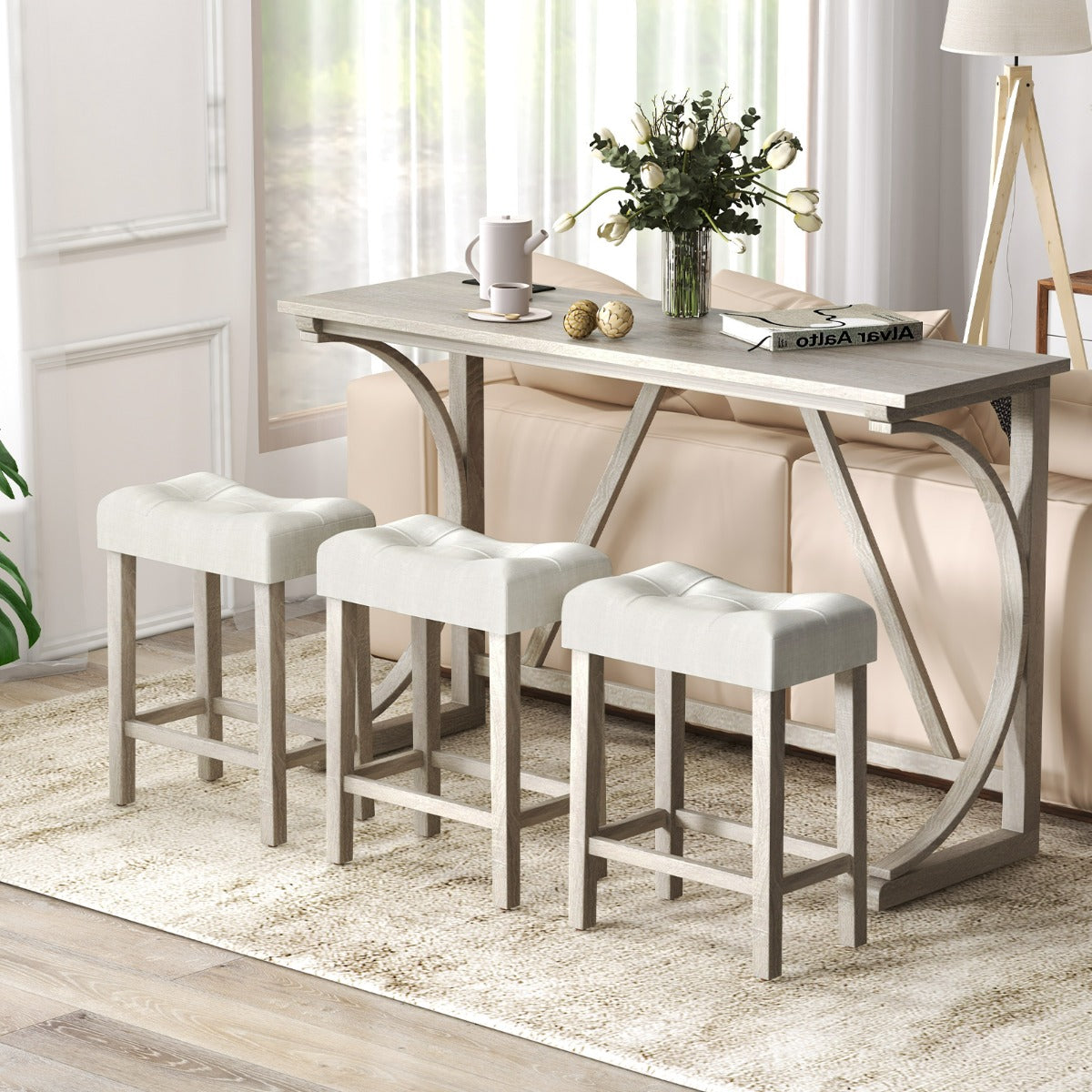 4-Piece Height Bistro Table and Saddle Seat Stools with Power Outlet-Grey