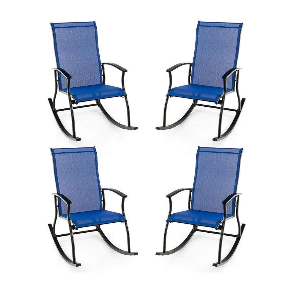 4 Pieces Outdoor Rocking Chairs with Breathable Backrest-Navy, a set of four navy blue rocking chairs with black frames