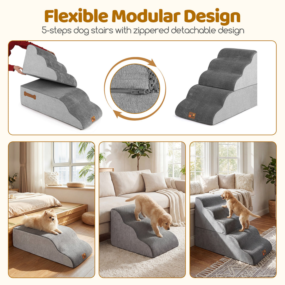 5-step Dog Foam Stairs for High Bed Sofa Couch Transformative High-density Pet Ramp