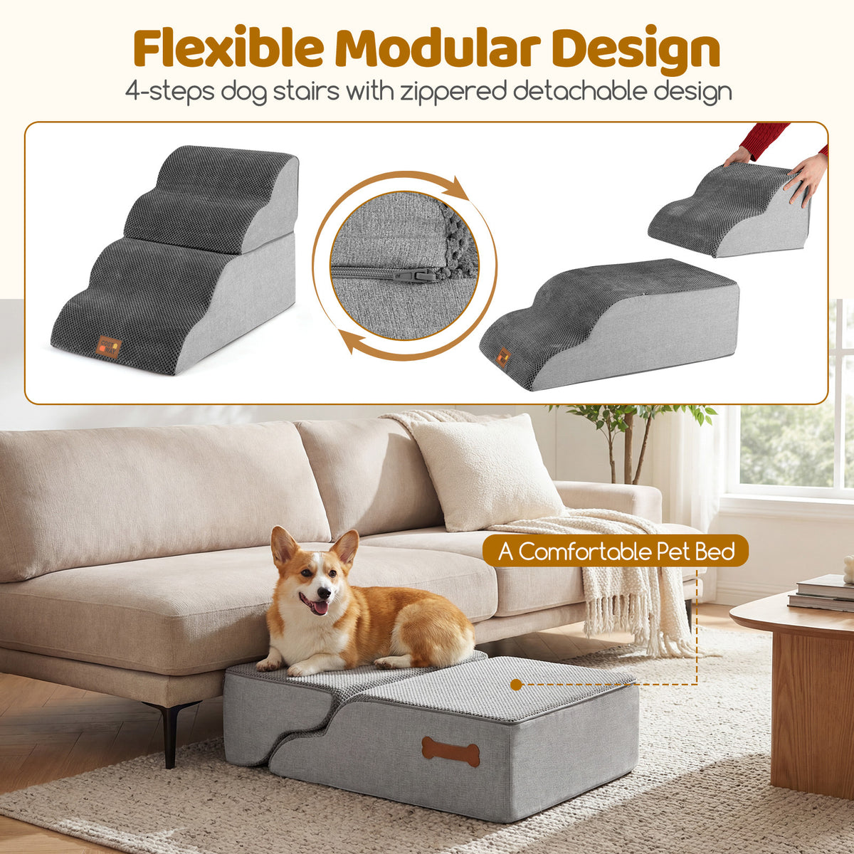 4-step Dog Foam Stairs for High Bed Sofa Couch Transformative High-density Pet Ramp