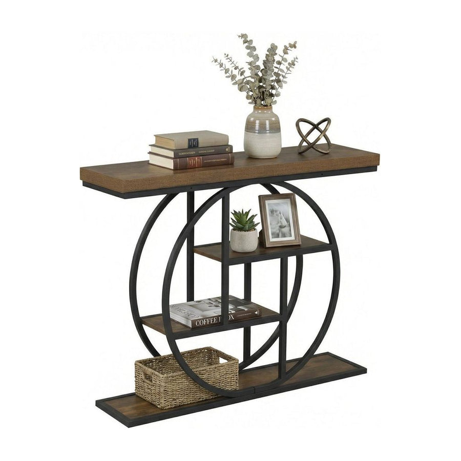 4-Tier Console Table with rustic brown wood grain effect top and shelves, supported by a black metal frame