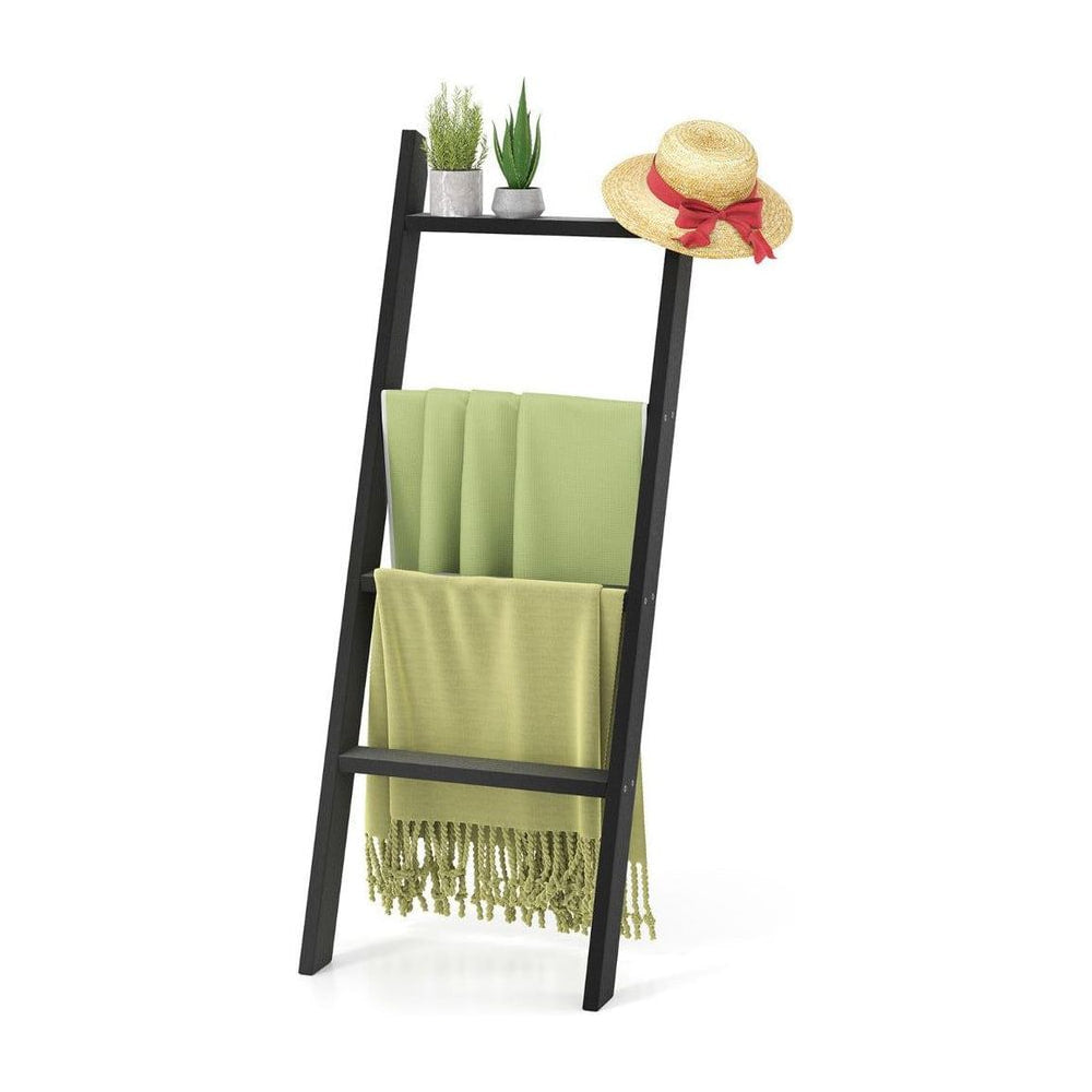 4-Tier Wooden Blanket Ladder with green throws and a straw hat on top