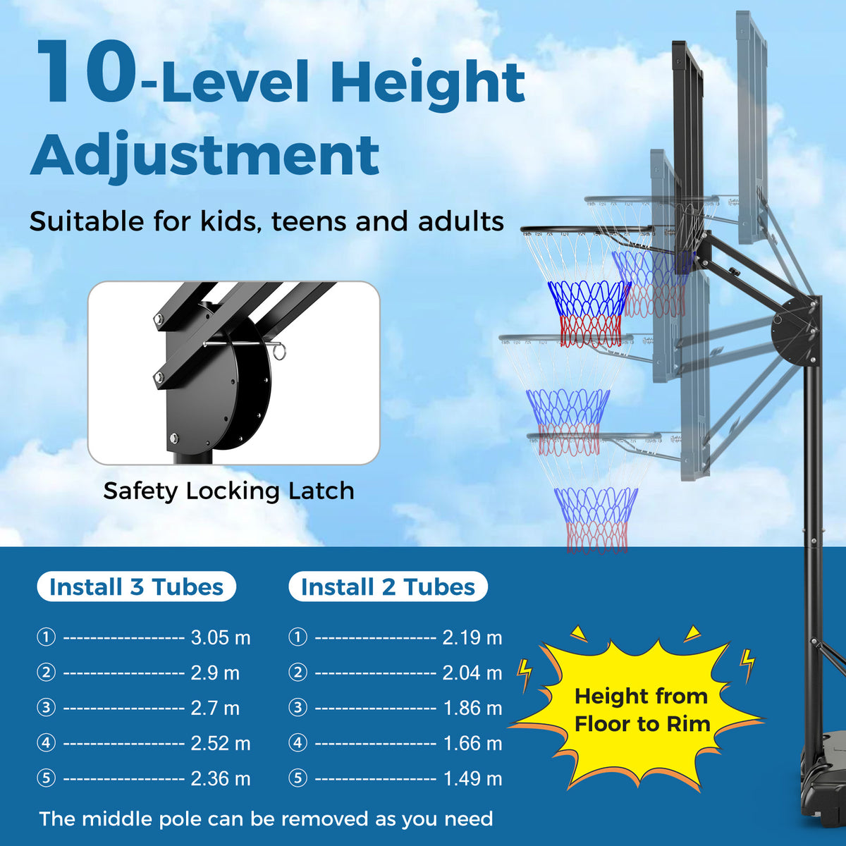 Adjustable Basketball Hoop 2.36-3.05M with Shatterproof Backboard and Weight Bag