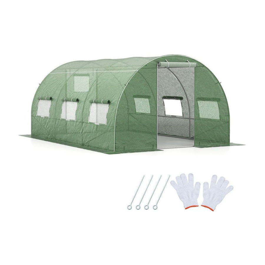 400 x 300 x 200 cm Outdoor Walk-in Tunnel Greenhouse 8 Roll-up Windows-Green