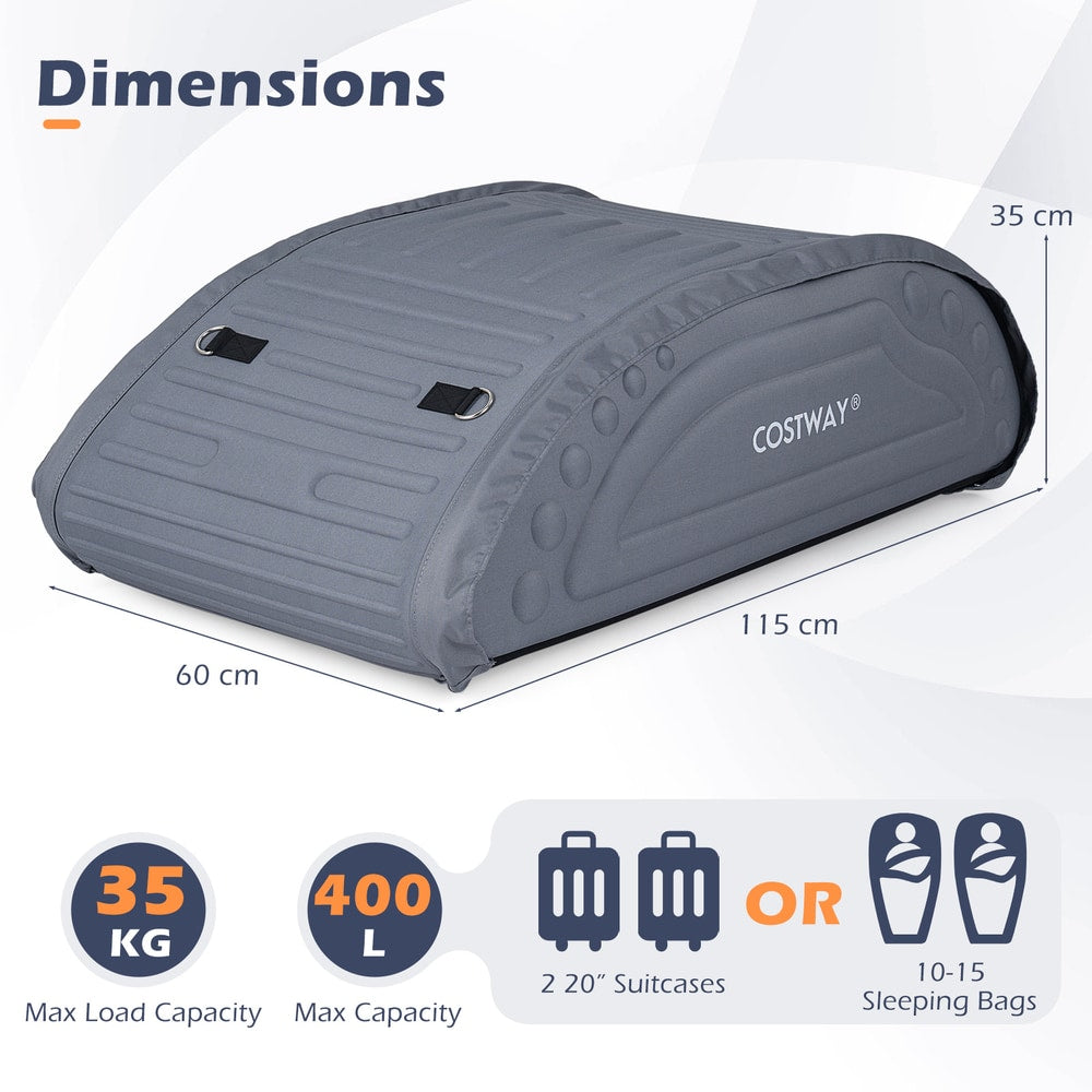 Dimensions of the grey car roof bag showing length, width, and height