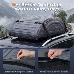 Close up of the waterproof car roof bag showing its zipped closure and straps
