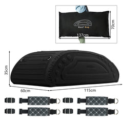 The cargo carrier with its dimensions and four patterned straps laid out below