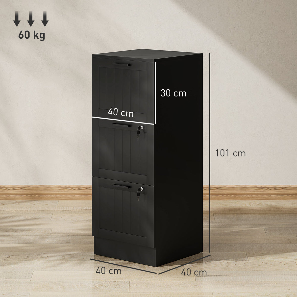 HOMCOM 3 Drawer Filing Cabinet with Lock, Office Storage Cabinet with Adjustable Hanging Bars for A4 Letter Size Files, Black