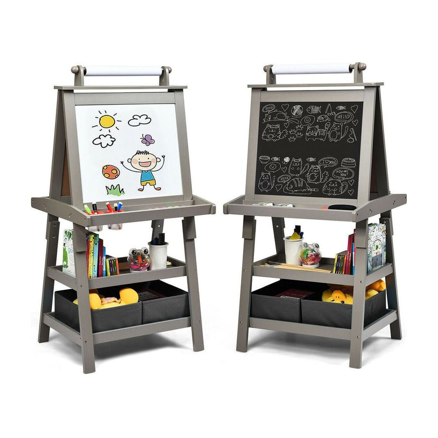 Children's Double-Sided Art Easel with Paper Roll-Grey