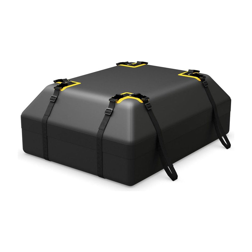 424L Car Roof Bag, a black waterproof box with yellow and black straps, shown from a front-side angle