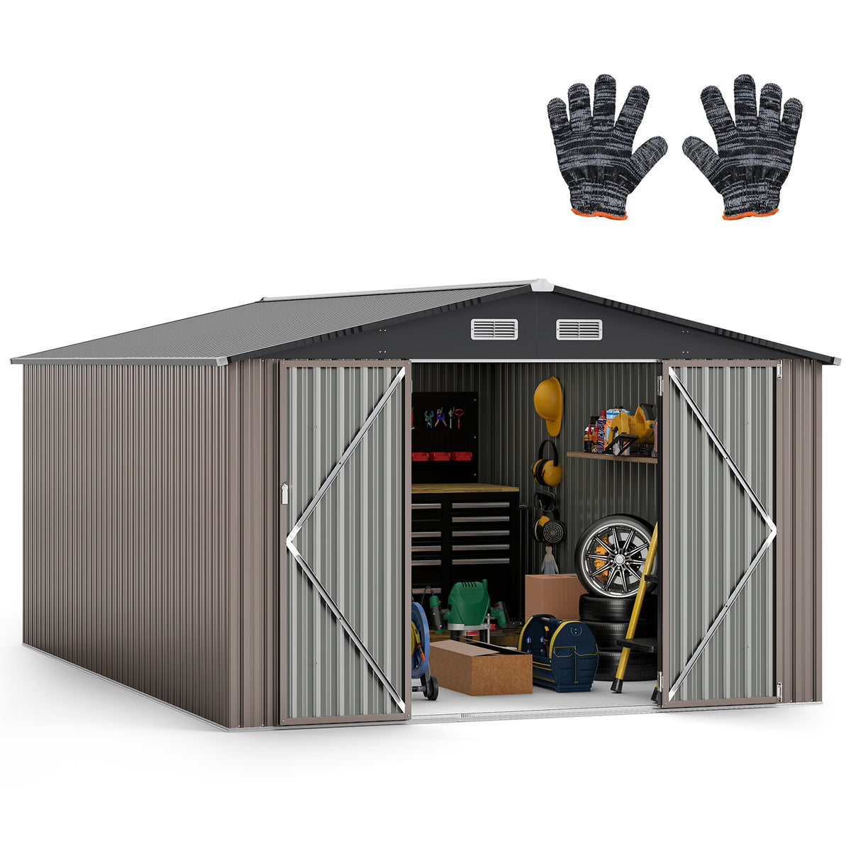 426 cm x 300 cm Outdoor Storage Shed Large Garden Tool House-Grey