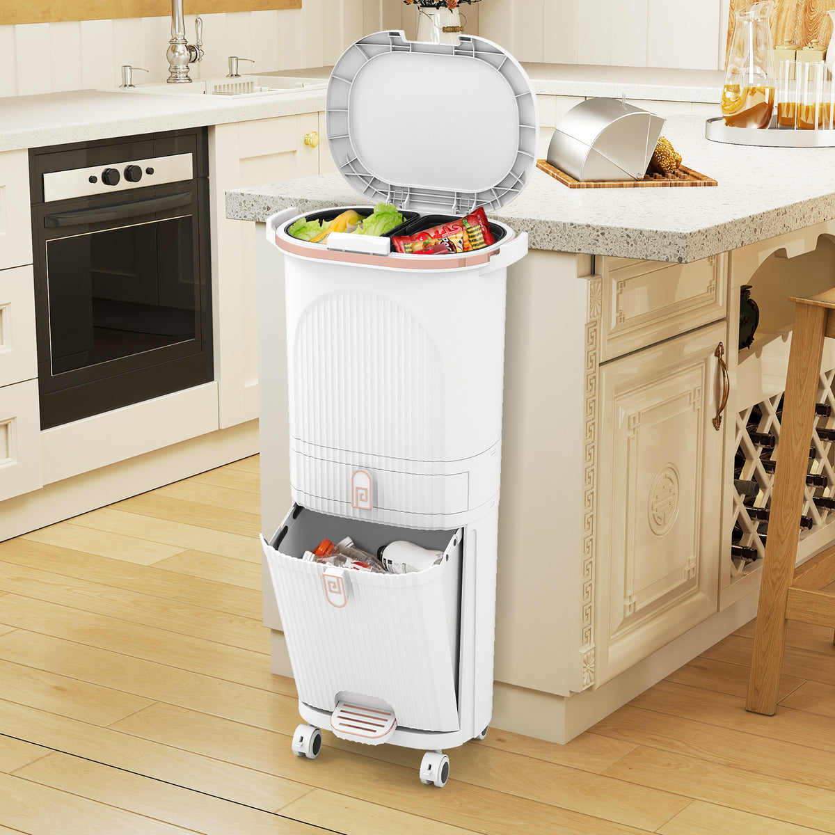 42L Kitchen Trash Can with Lid and 2 Detachable Buckets-White