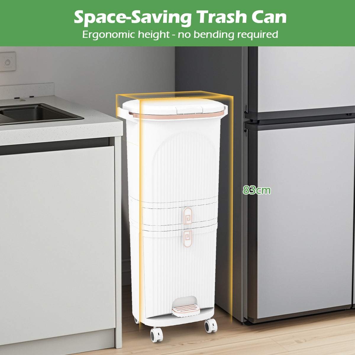 42L Kitchen Trash Can with Lid and 2 Detachable Buckets-White
