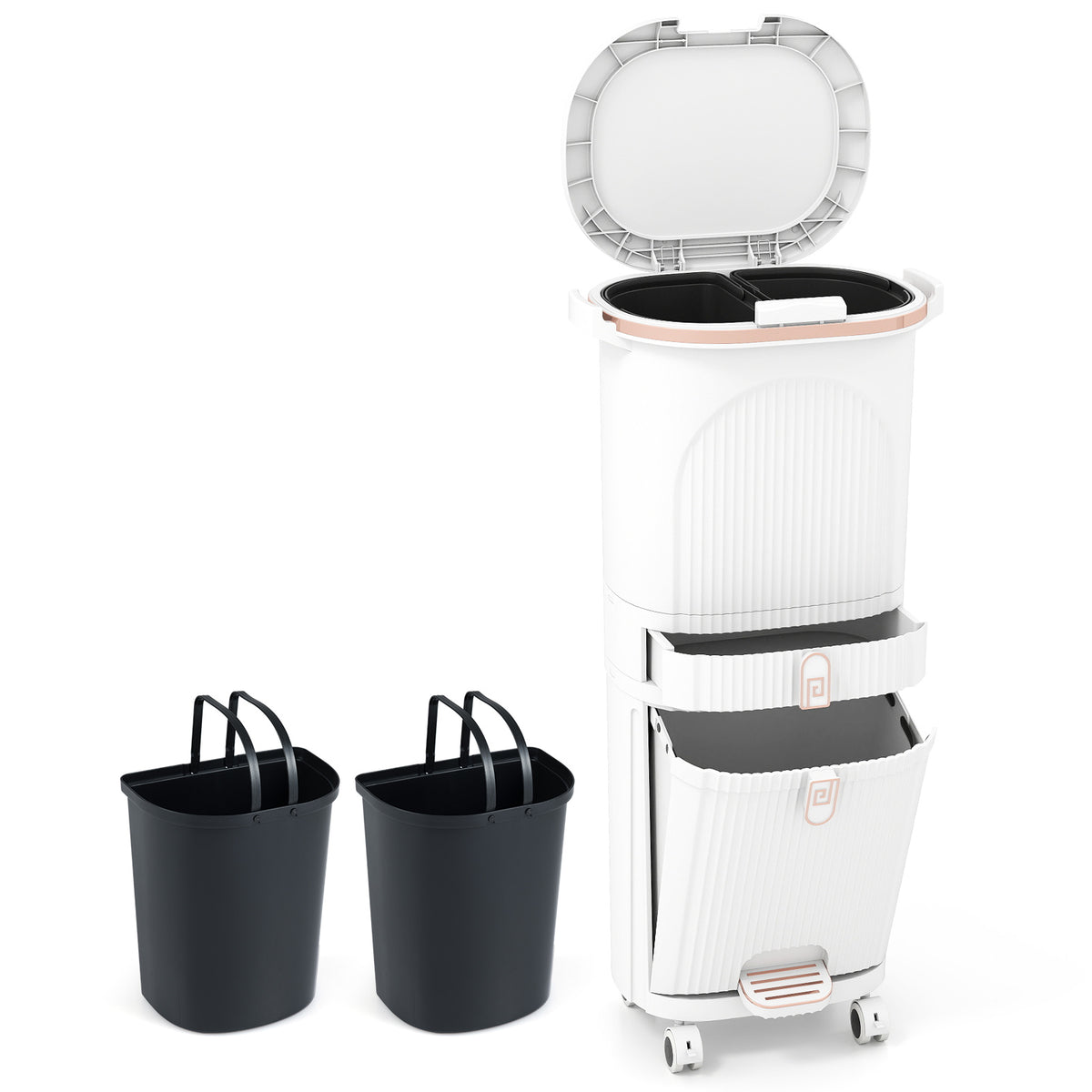 42L Kitchen Trash Can with Lid and 2 Detachable Buckets-White
