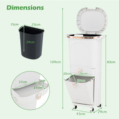 42L Kitchen Trash Can with Lid and 2 Detachable Buckets-White