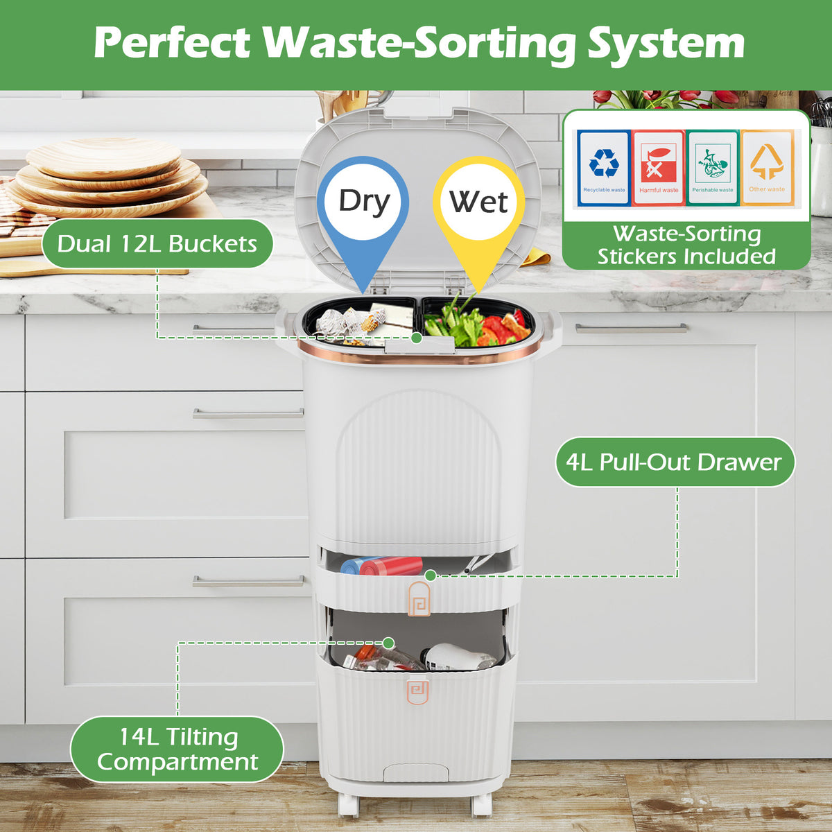 42L Kitchen Trash Can with Lid and 2 Detachable Buckets-White