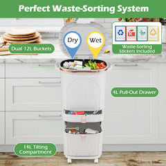 42L Kitchen Trash Can with Lid and 2 Detachable Buckets-White
