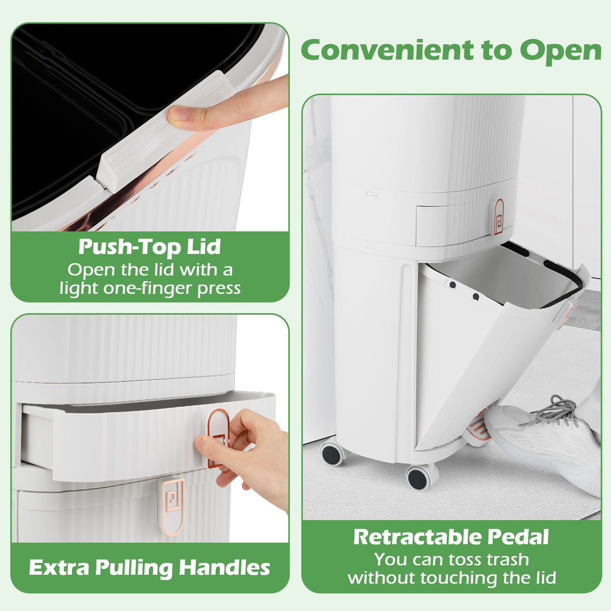 42L Kitchen Trash Can with Lid and 2 Detachable Buckets-White