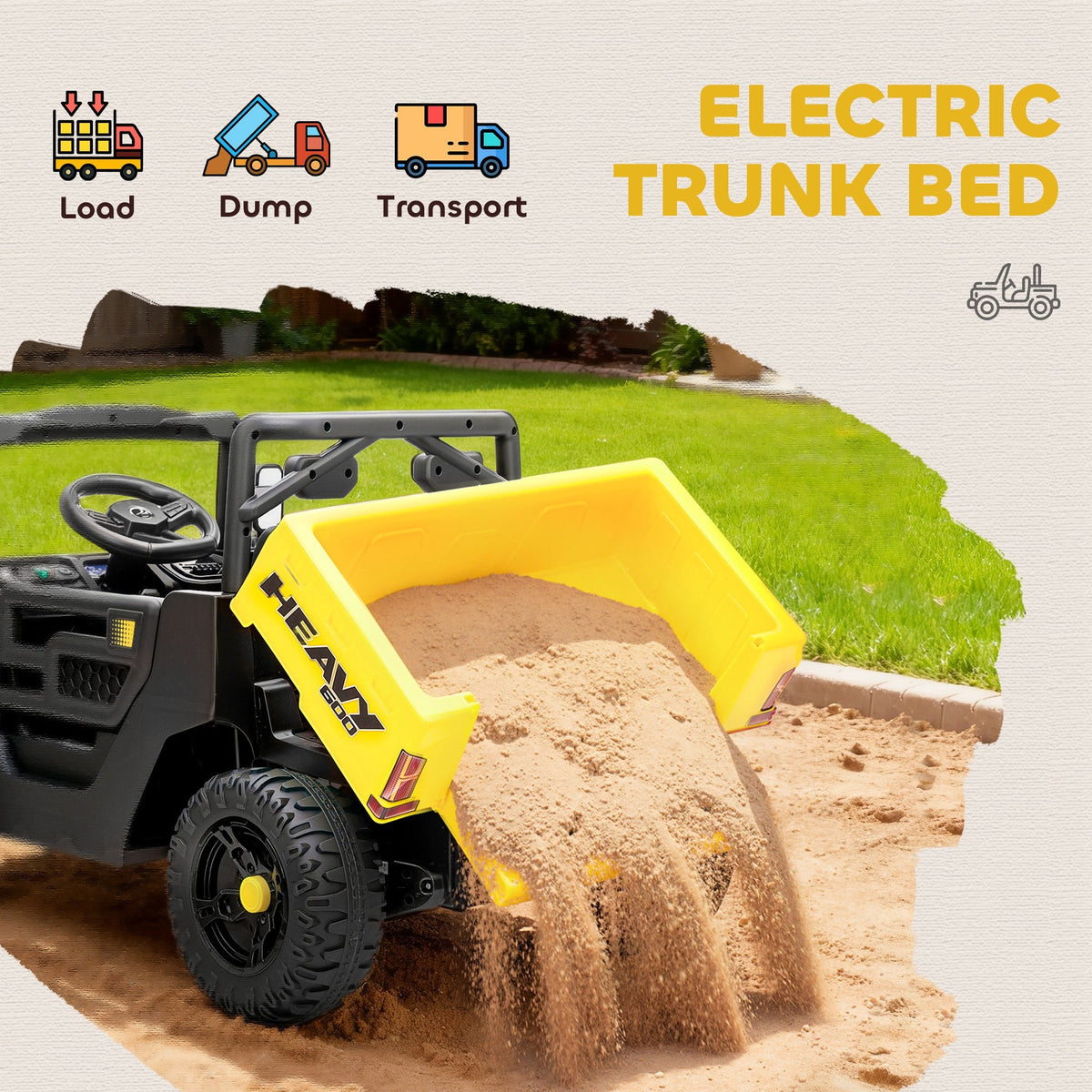 AIYAPLAY Kids Ride on Car, 12V Electric Kids UTV with Electric Dump Bed, 4-Wheel Suspension for 3-8 Years, Yellow