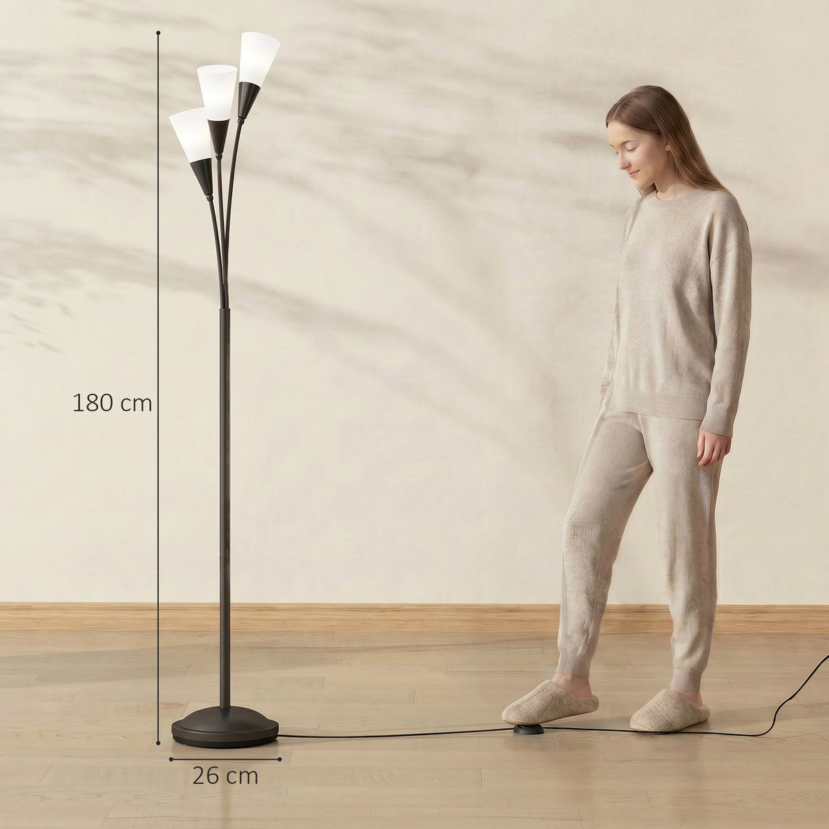 HOMCOM Modern Standing Lamp, 3-Light Upright Floor Lamps for Living Room, Black