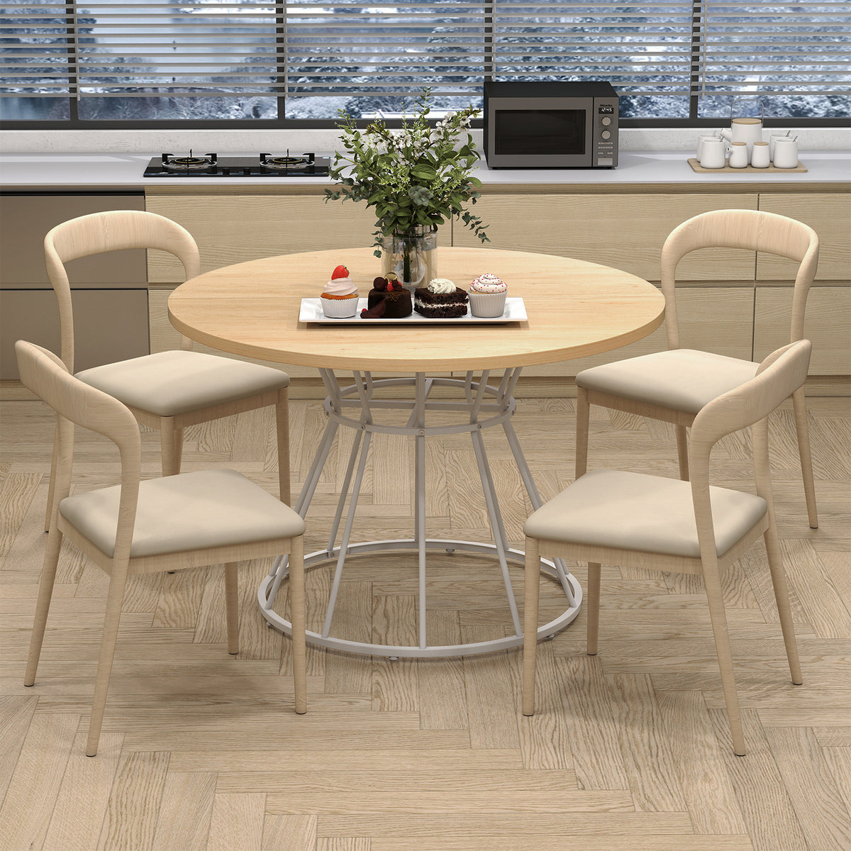 Round Dining Table for 4 with Wooden Tabletop and Metal Base-Natrual