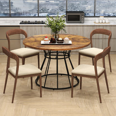 Round Dining Table for 4 with Wooden Tabletop and Metal Base-Rustic Brown
