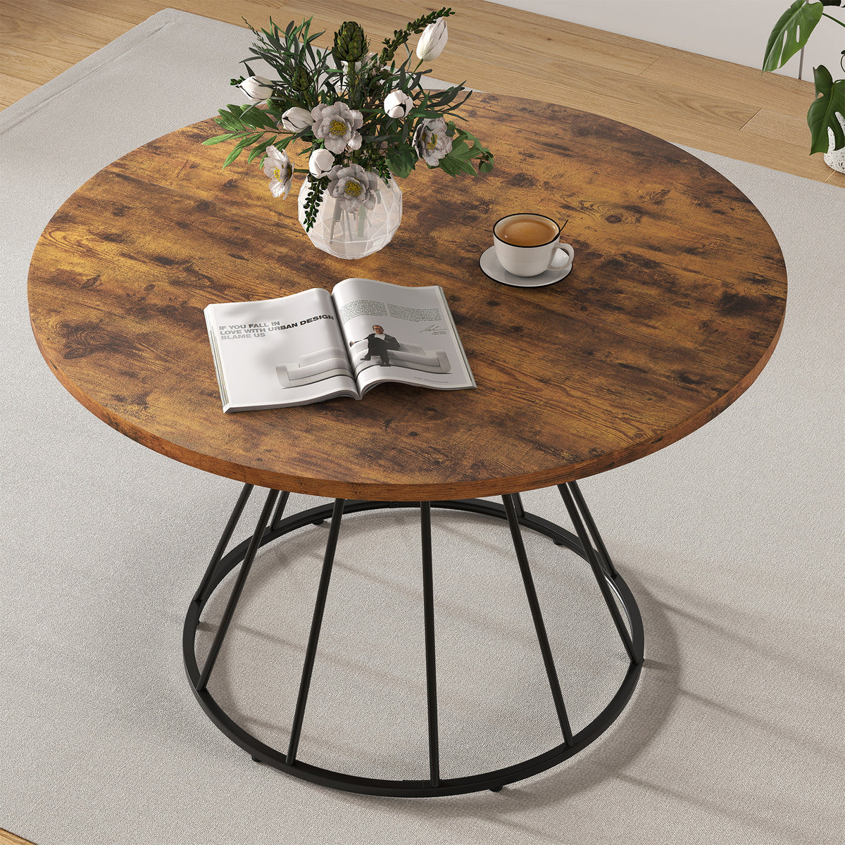 Round Dining Table for 4 with Wooden Tabletop and Metal Base-Rustic Brown