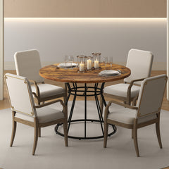 Round Dining Table for 4 with Wooden Tabletop and Metal Base-Rustic Brown