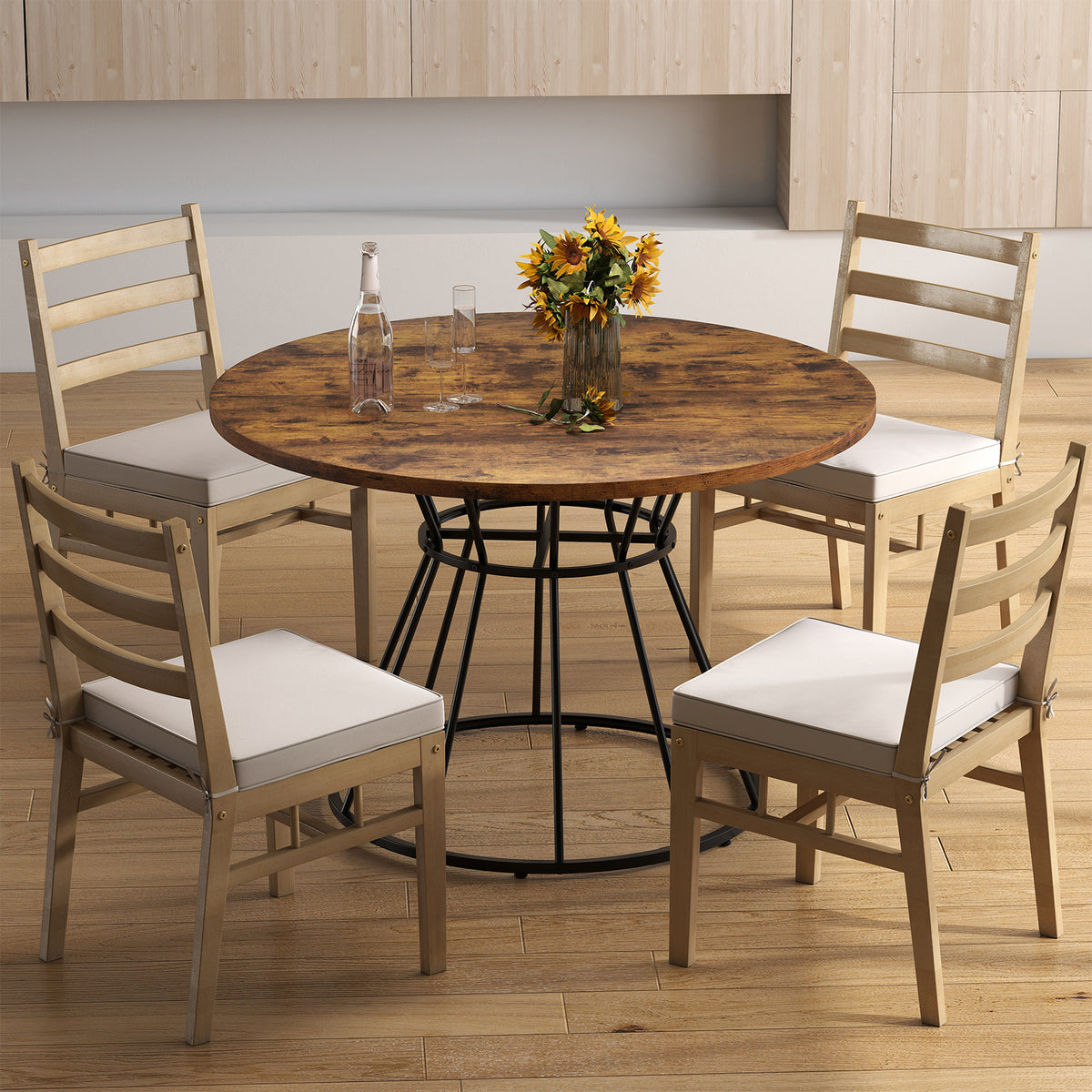 Round Dining Table for 4 with Wooden Tabletop and Metal Base-Rustic Brown