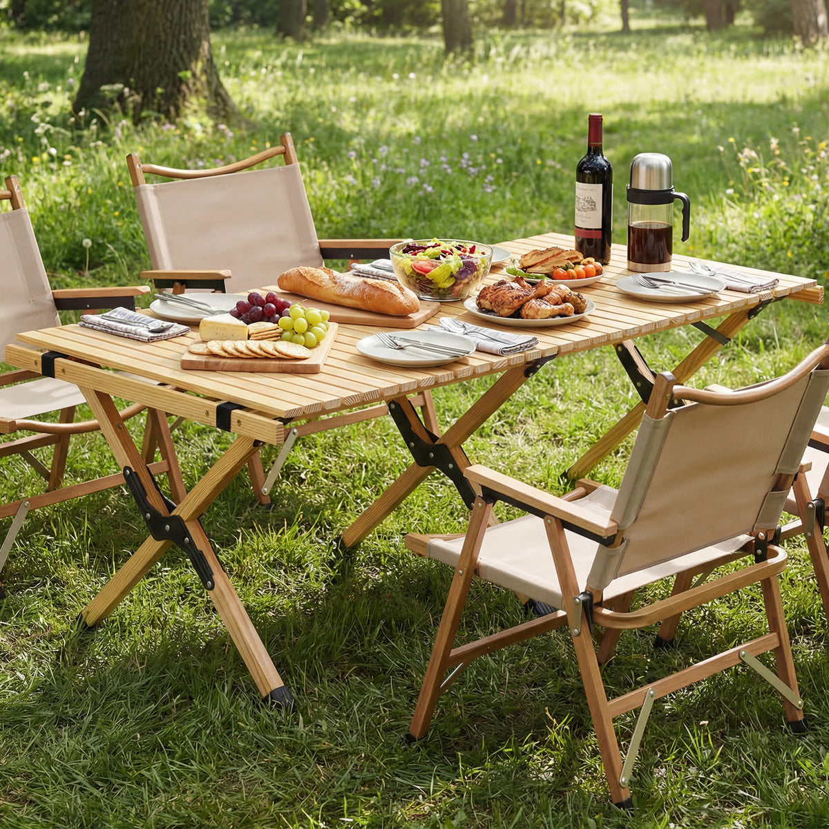 48" Folding Camping Table with Carrying Bag for 4-6 People Portable-Natural