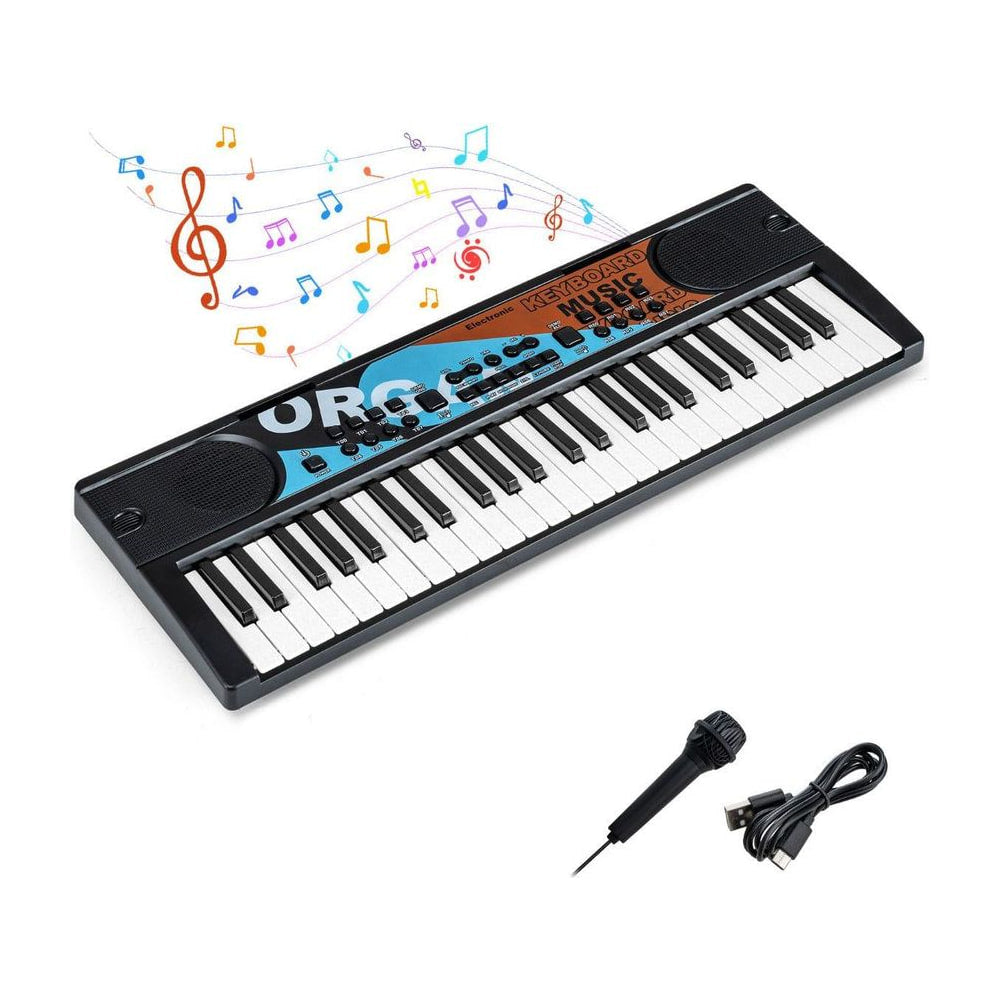 49 Keys Portable Kids Piano Keyboard in black with a microphone and USB cable attached