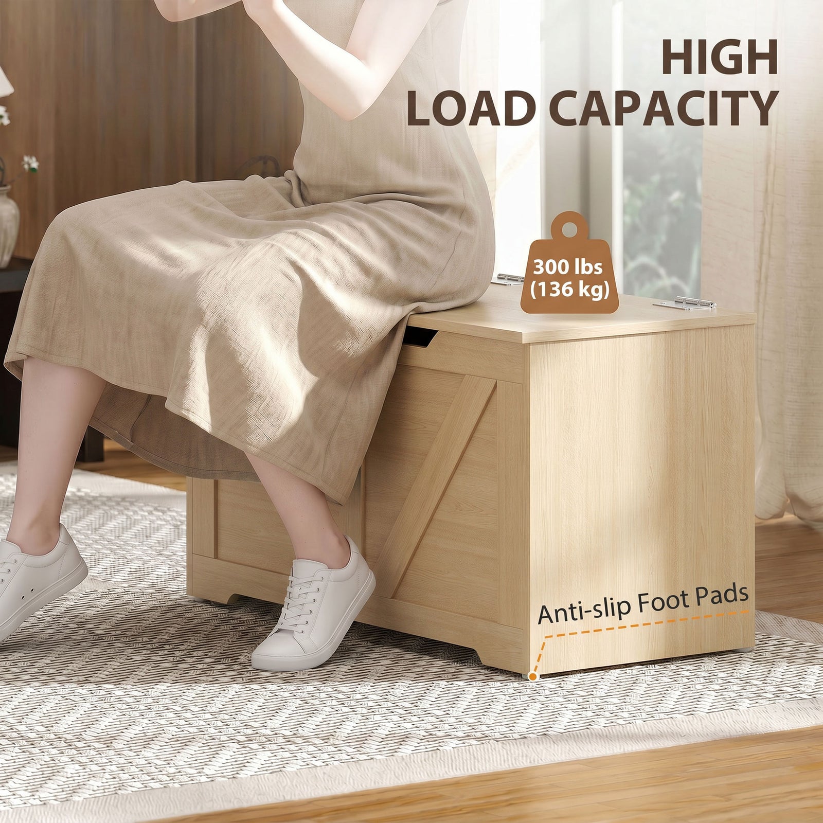 HOMCOM 100L Home Storage Box, with Safety Hinge - Nature Wood Finish