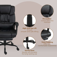 Close-ups of the PU leather, gas lift, sturdy base, and thick padding of the office chair
