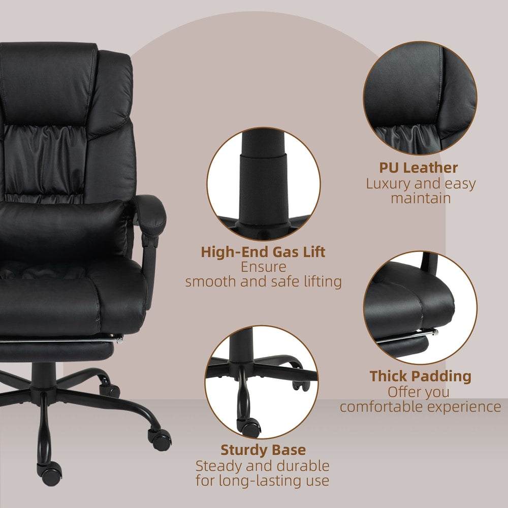 Close-ups of the PU leather, gas lift, sturdy base, and thick padding of the office chair