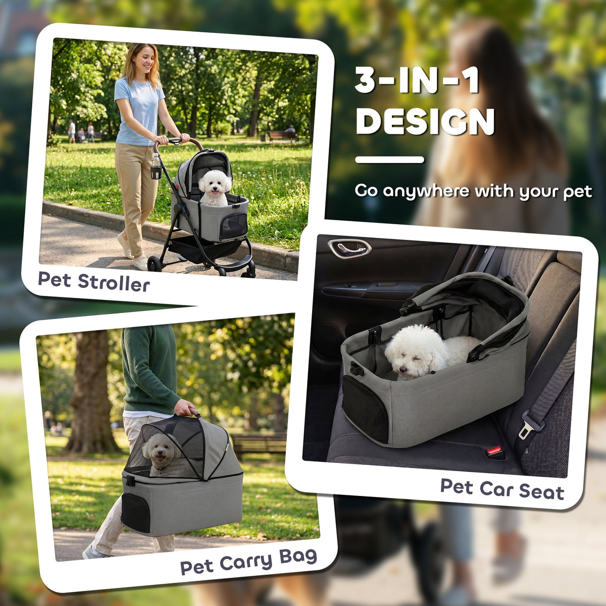 PawHut Dog Stroller, 3 in 1 Foldable Pet Stroller for Small Puppy Cat with Detachable Travel Carrier, Storage Basket, Grey