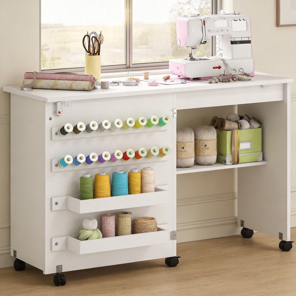 the white sewing table with a sewing machine and thread spools